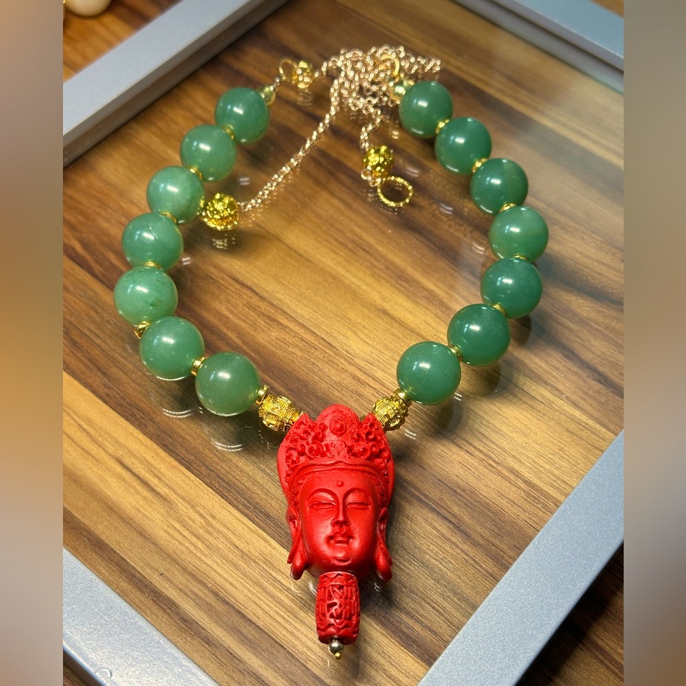 JADE AVENTURINE + CINNABAR BUDDAS HEAD NATURAL STONES CHOKER NECKLACE